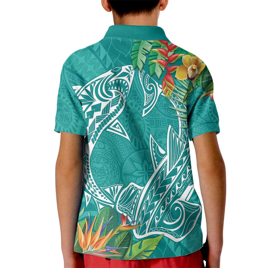 Polynesia Kid Polo Shirt Sharks Duo Tropical Teal