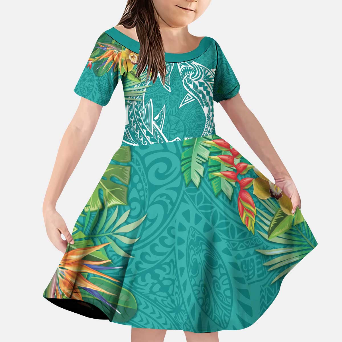 Polynesia Kid Short Sleeve Dress Sharks Duo Tropical Teal