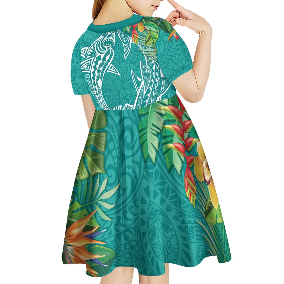 Polynesia Kid Short Sleeve Dress Sharks Duo Tropical Teal