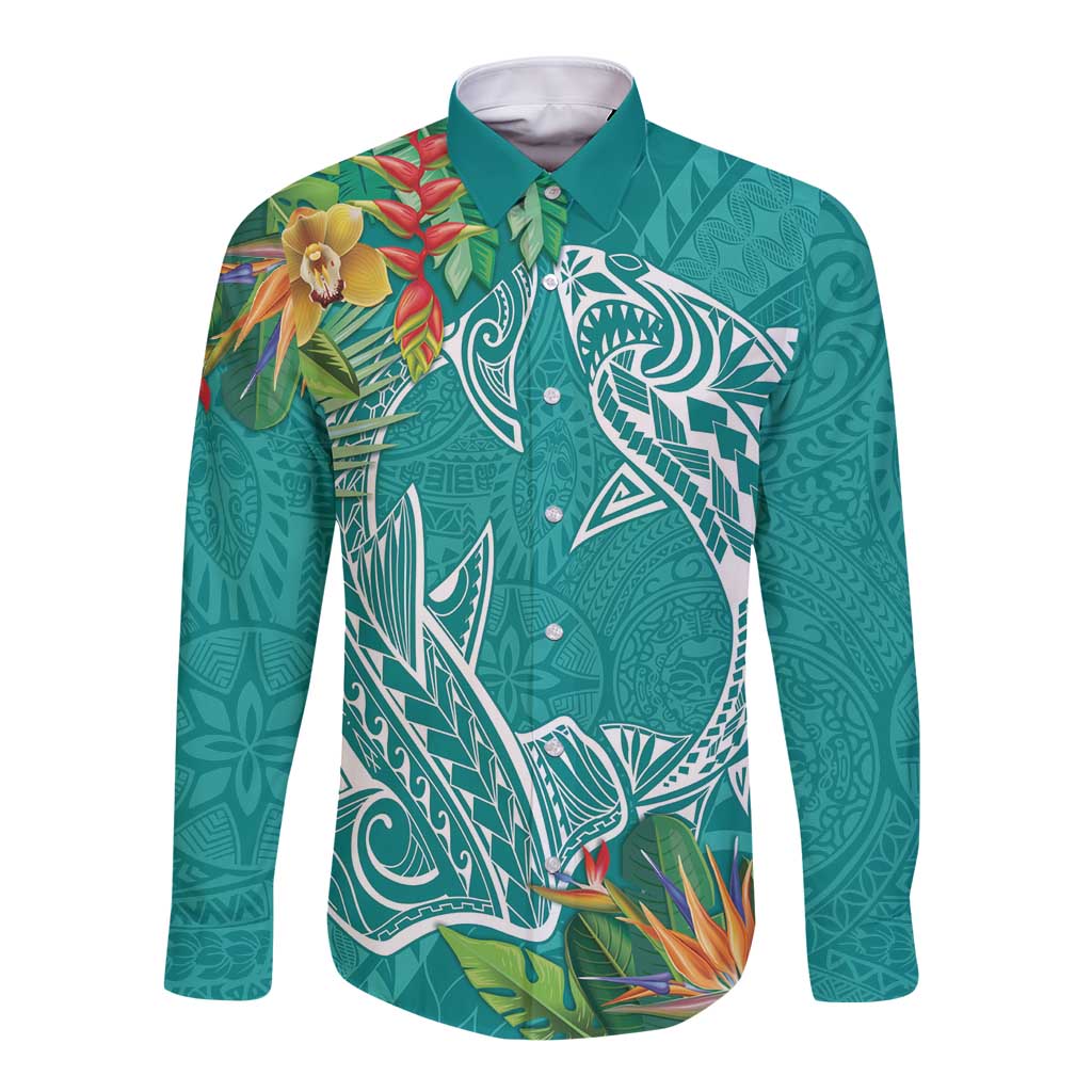 Polynesia Long Sleeve Button Shirt Sharks Duo Tropical Teal