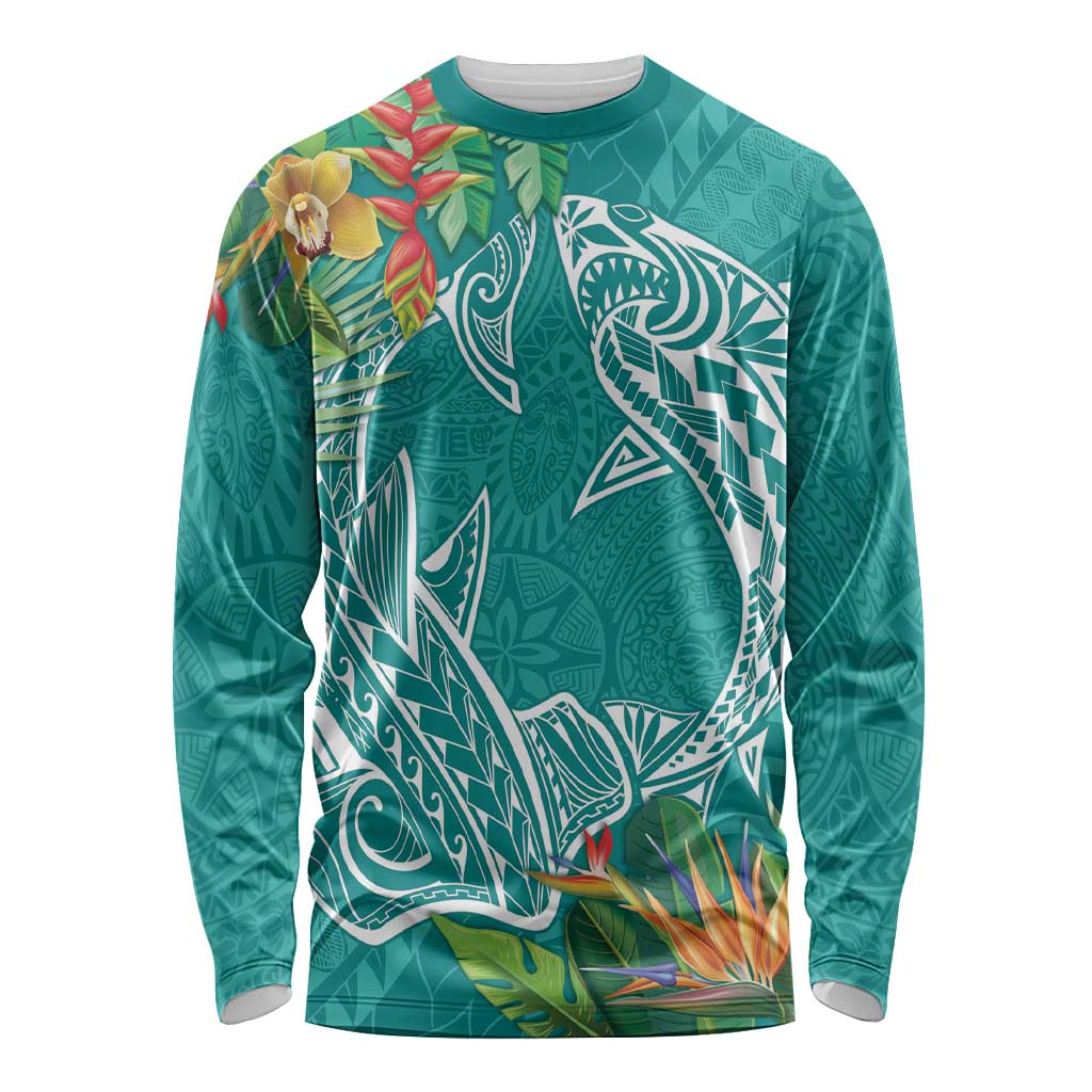 Polynesia Long Sleeve Shirt Sharks Duo Tropical Teal