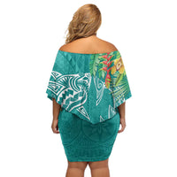 Polynesia Off Shoulder Short Dress Sharks Duo Tropical Teal LT7 - Polynesian Pride