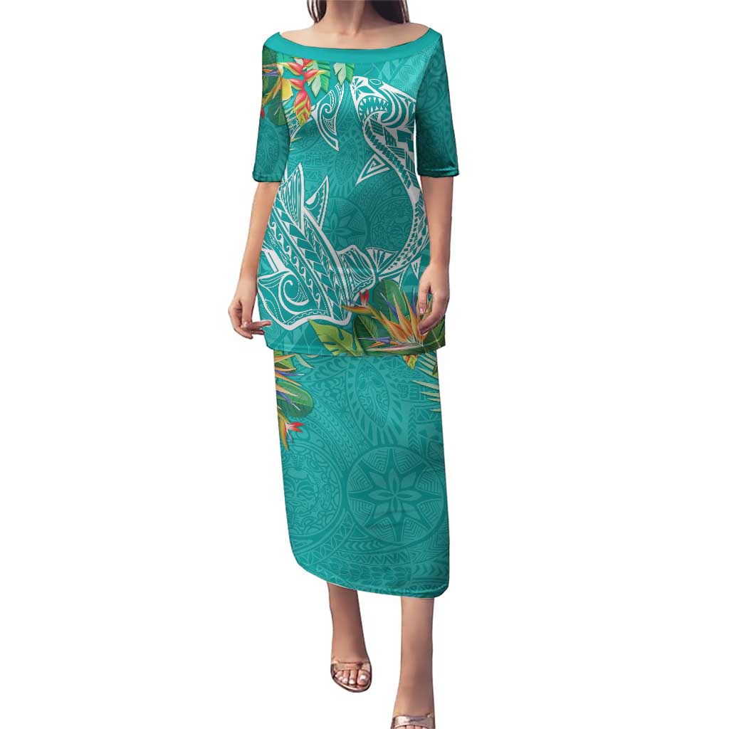Polynesia Puletasi Sharks Duo Tropical Teal LT7 Long Dress Teal - Polynesian Pride