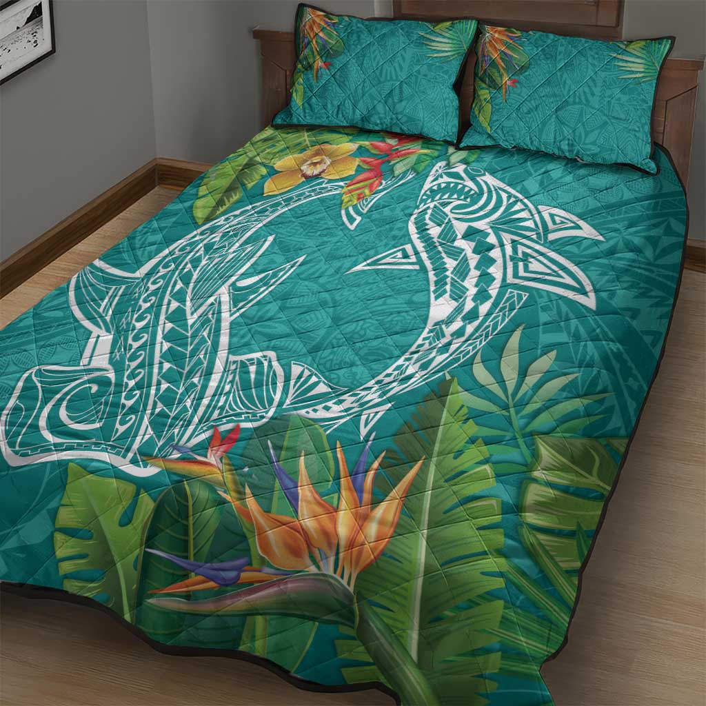 Polynesia Quilt Bed Set Sharks Duo Tropical Teal LT7 - Polynesian Pride