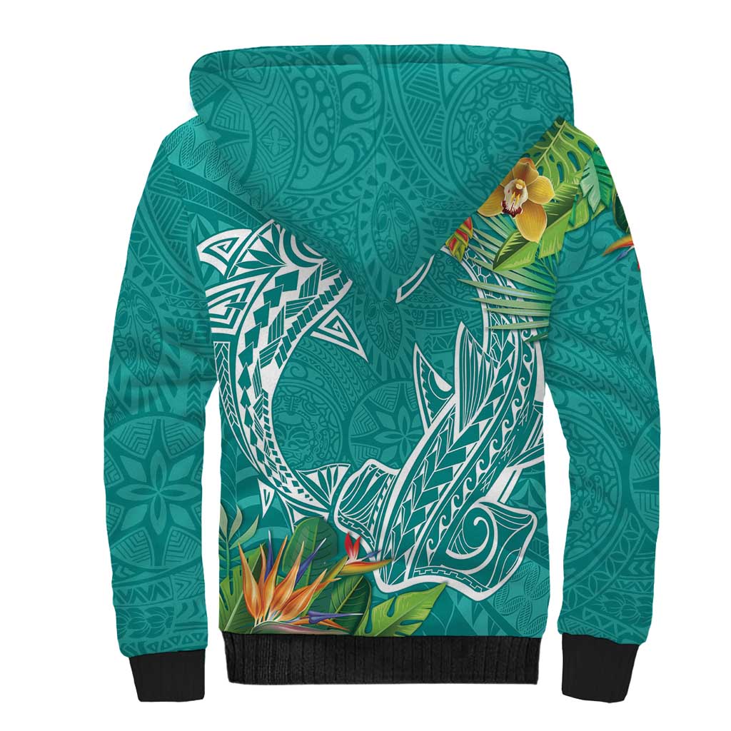 Polynesia Sherpa Hoodie Sharks Duo Tropical Teal LT7 - Polynesian Pride