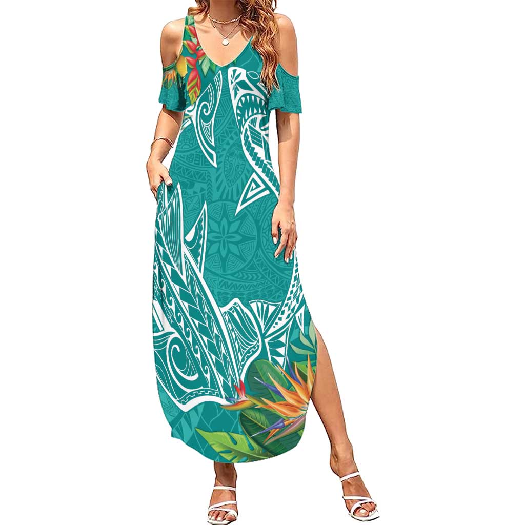 Polynesia Summer Maxi Dress Sharks Duo Tropical Teal LT7 Women Teal - Polynesian Pride