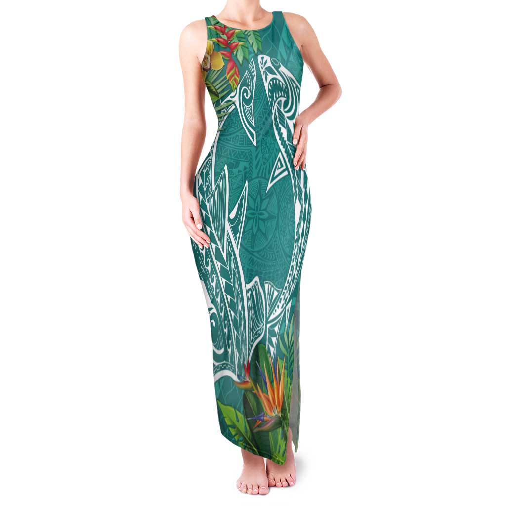 Polynesia Tank Maxi Dress Sharks Duo Tropical Teal LT7 Women Teal - Polynesian Pride