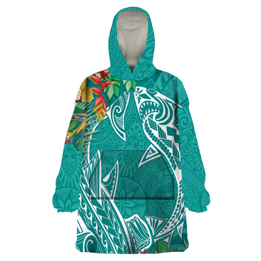 Polynesia Wearable Blanket Hoodie Sharks Duo Tropical Teal LT7 One Size Teal - Polynesian Pride