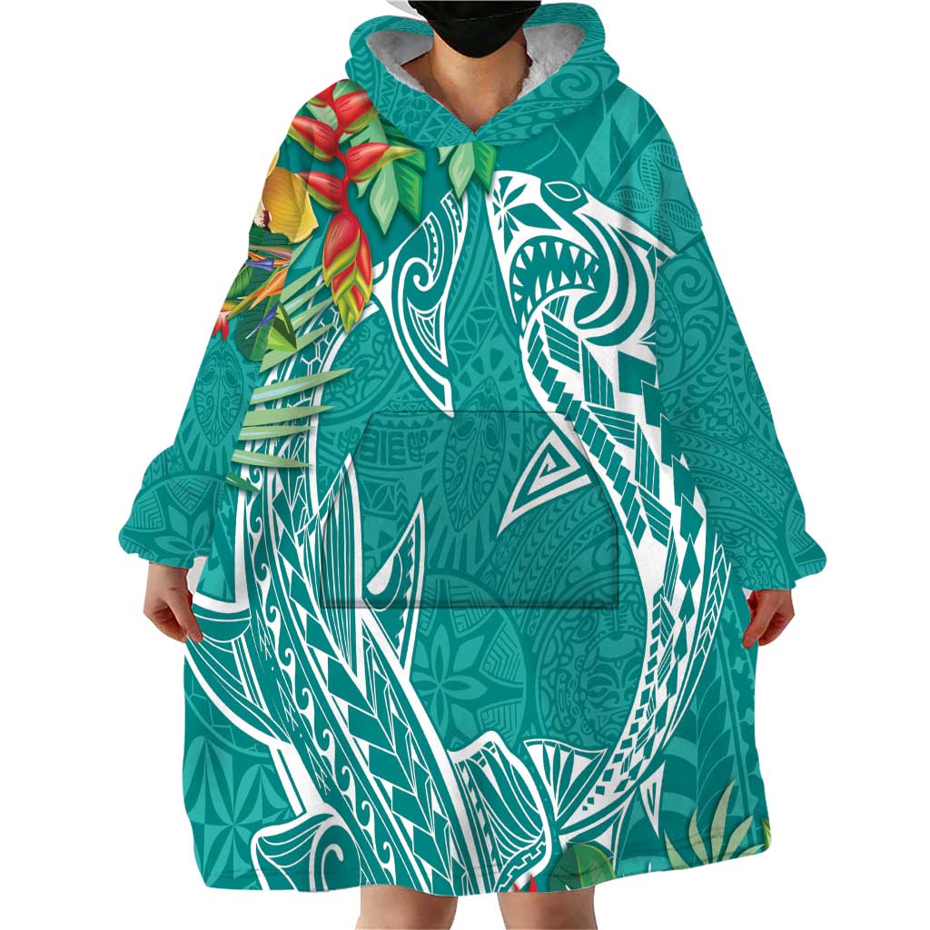 Polynesia Wearable Blanket Hoodie Sharks Duo Tropical Teal LT7 - Polynesian Pride