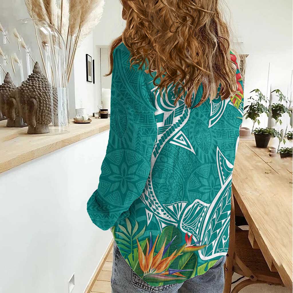 Polynesia Women Casual Shirt Sharks Duo Tropical Teal