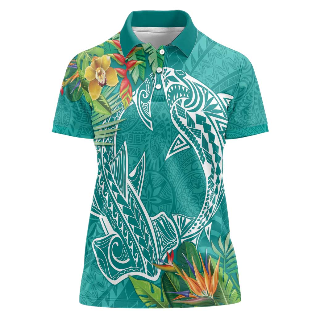 Polynesia Women Polo Shirt Sharks Duo Tropical Teal