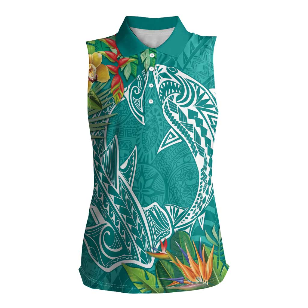 Polynesia Women Sleeveless Polo Shirt Sharks Duo Tropical Teal LT7 Female Teal - Polynesian Pride