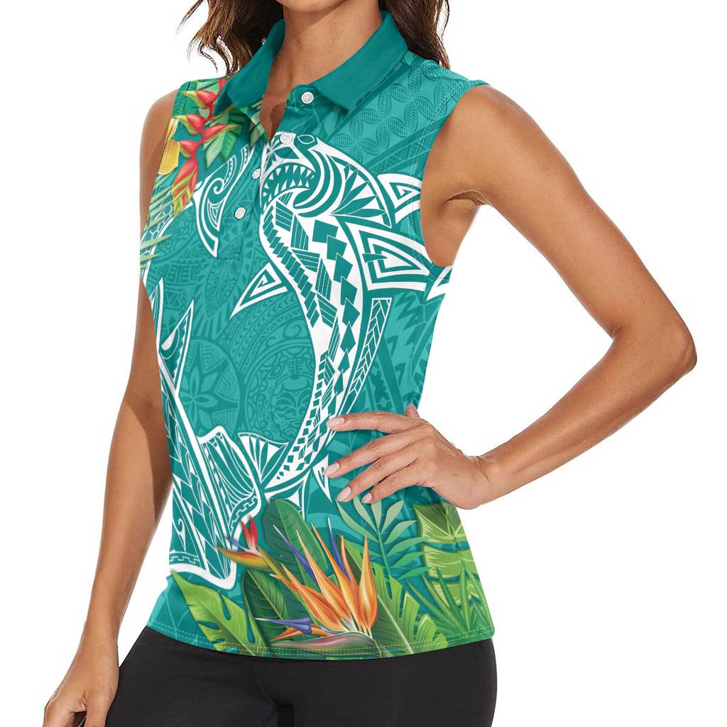 Polynesia Women Sleeveless Polo Shirt Sharks Duo Tropical Teal LT7 - Polynesian Pride