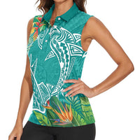 Polynesia Women Sleeveless Polo Shirt Sharks Duo Tropical Teal LT7 - Polynesian Pride