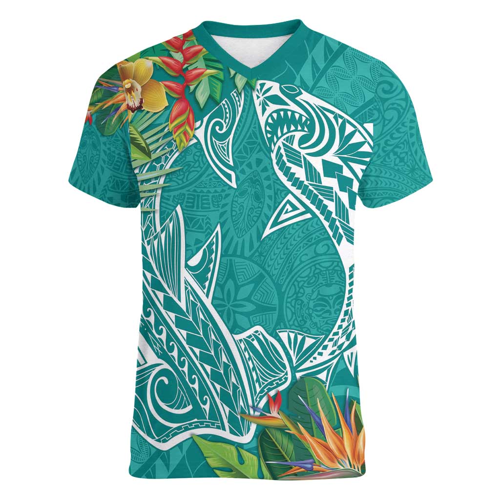 Polynesia Women V-Neck T-Shirt Sharks Duo Tropical Teal