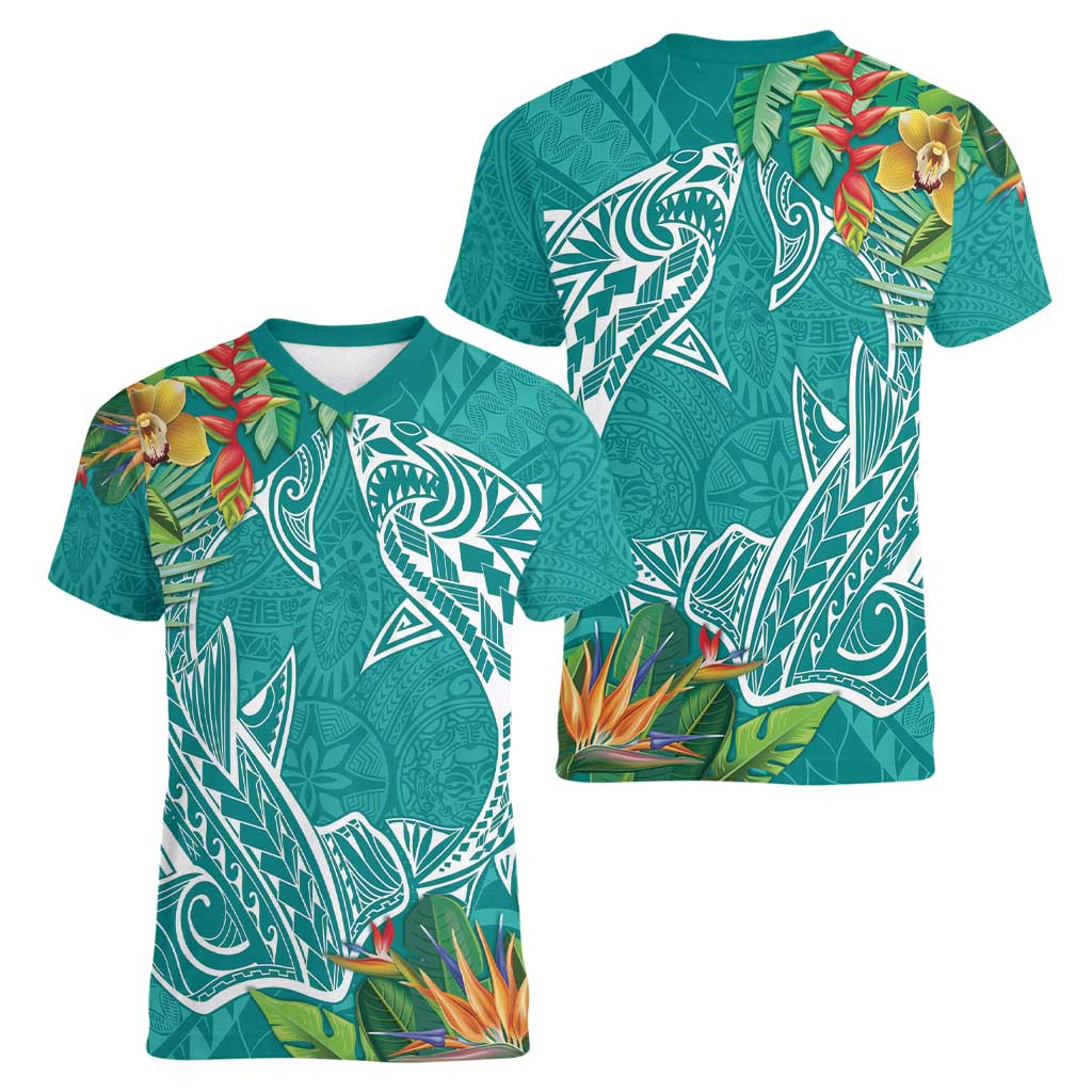 Polynesia Women V-Neck T-Shirt Sharks Duo Tropical Teal