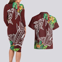 Polynesia Couples Matching Long Sleeve Bodycon Dress and Hawaiian Shirt Sharks Duo Tropical Oxblood LT7 - Polynesian Pride