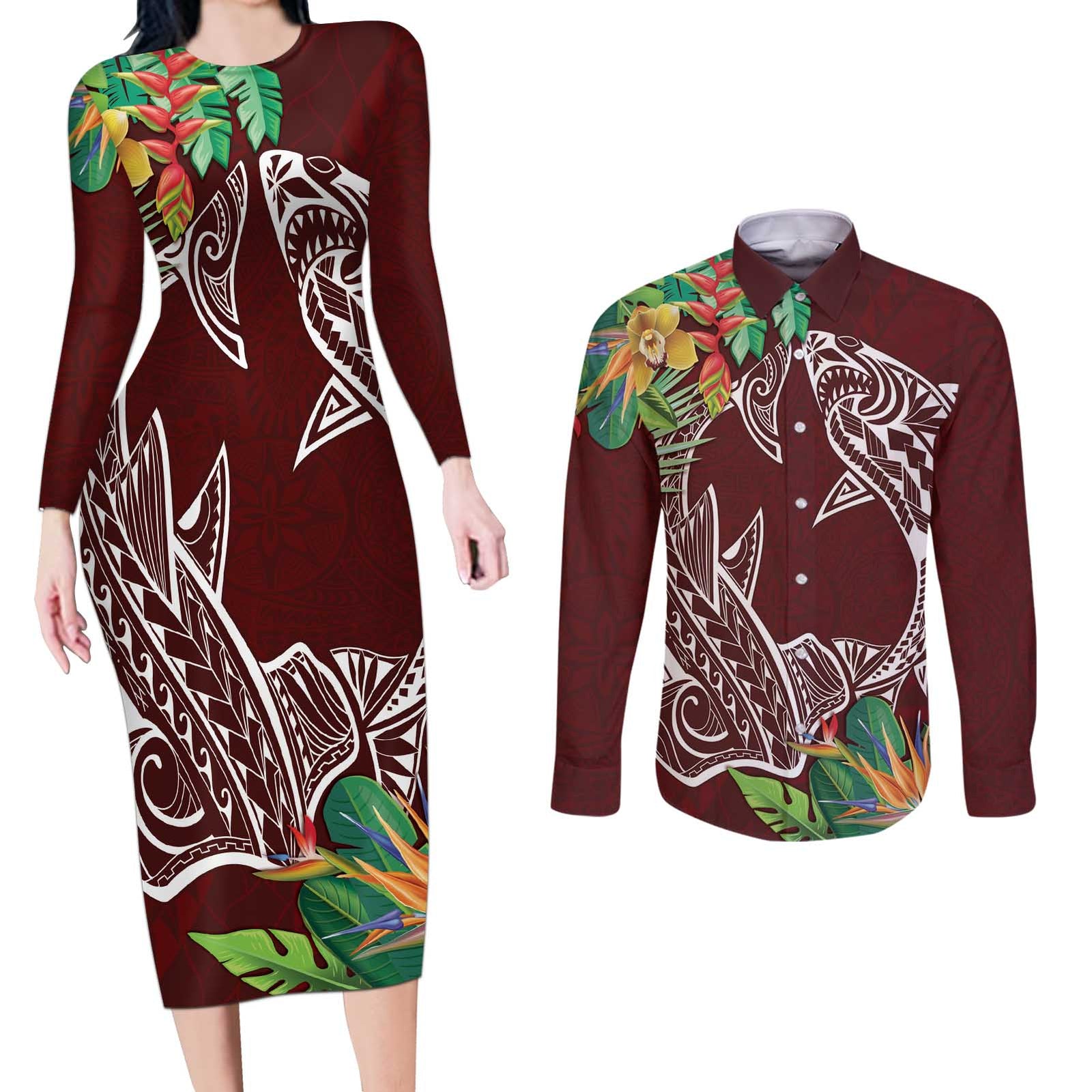 Polynesia Couples Matching Long Sleeve Bodycon Dress and Long Sleeve Button Shirt Sharks Duo Tropical Oxblood LT7 Oxblood - Polynesian Pride