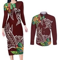 Polynesia Couples Matching Long Sleeve Bodycon Dress and Long Sleeve Button Shirt Sharks Duo Tropical Oxblood LT7 Oxblood - Polynesian Pride