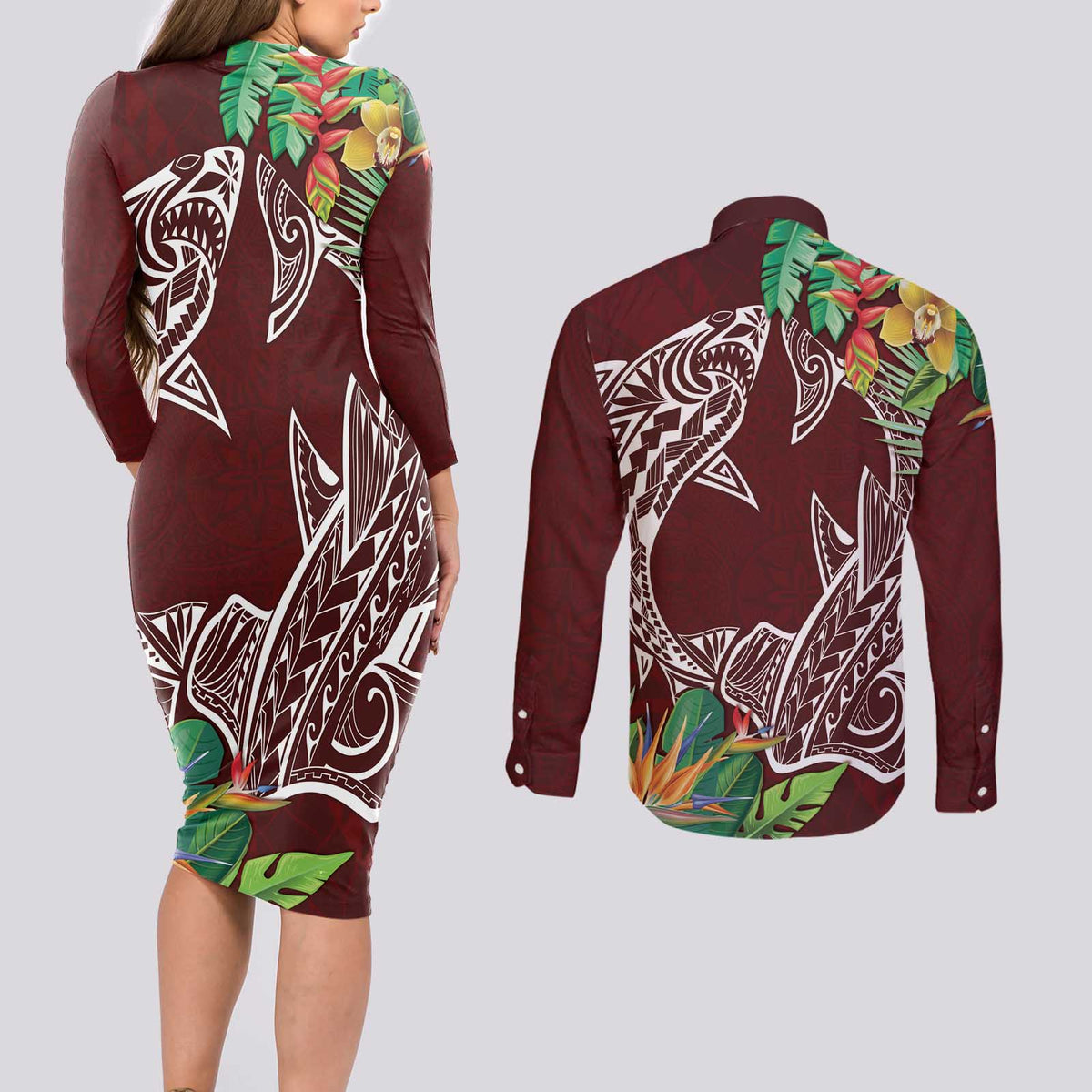 Polynesia Couples Matching Long Sleeve Bodycon Dress and Long Sleeve Button Shirt Sharks Duo Tropical Oxblood LT7 - Polynesian Pride