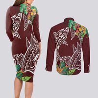 Polynesia Couples Matching Long Sleeve Bodycon Dress and Long Sleeve Button Shirt Sharks Duo Tropical Oxblood LT7 - Polynesian Pride