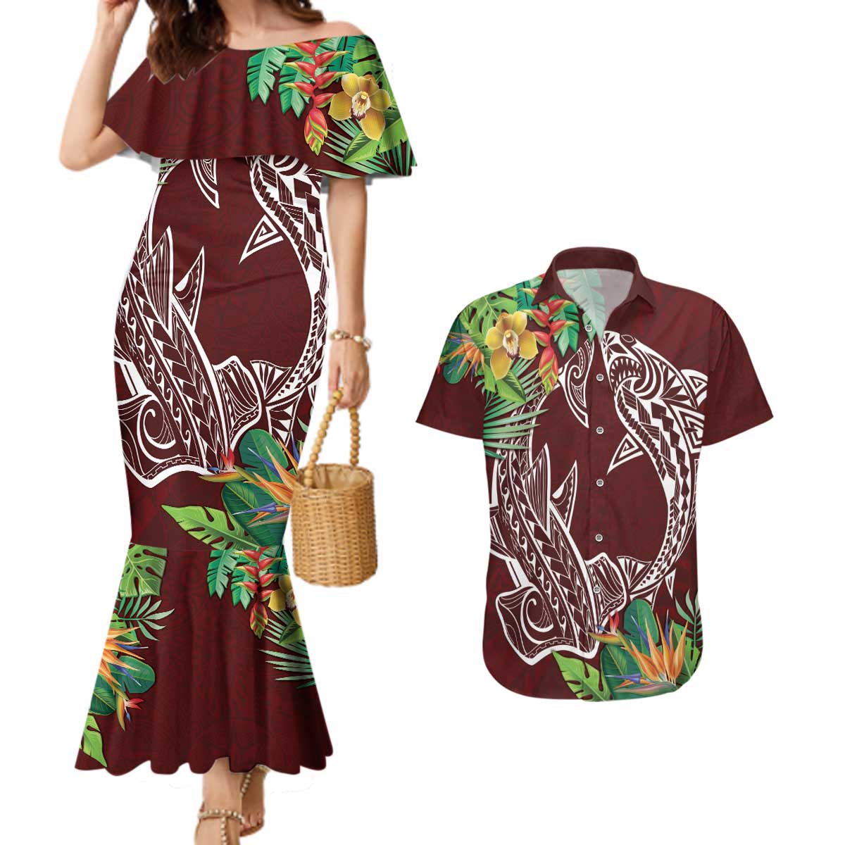 Polynesia Couples Matching Mermaid Dress and Hawaiian Shirt Sharks Duo Tropical Oxblood