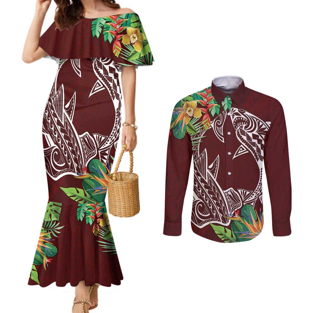 Polynesia Couples Matching Mermaid Dress and Long Sleeve Button Shirt Sharks Duo Tropical Oxblood LT7 Oxblood - Polynesian Pride