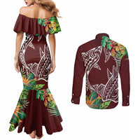 Polynesia Couples Matching Mermaid Dress and Long Sleeve Button Shirt Sharks Duo Tropical Oxblood LT7 - Polynesian Pride