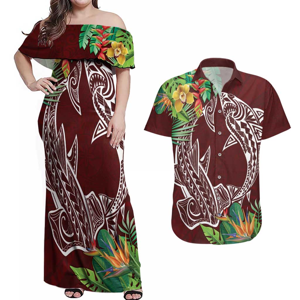 Polynesia Couples Matching Off Shoulder Maxi Dress and Hawaiian Shirt Sharks Duo Tropical Oxblood