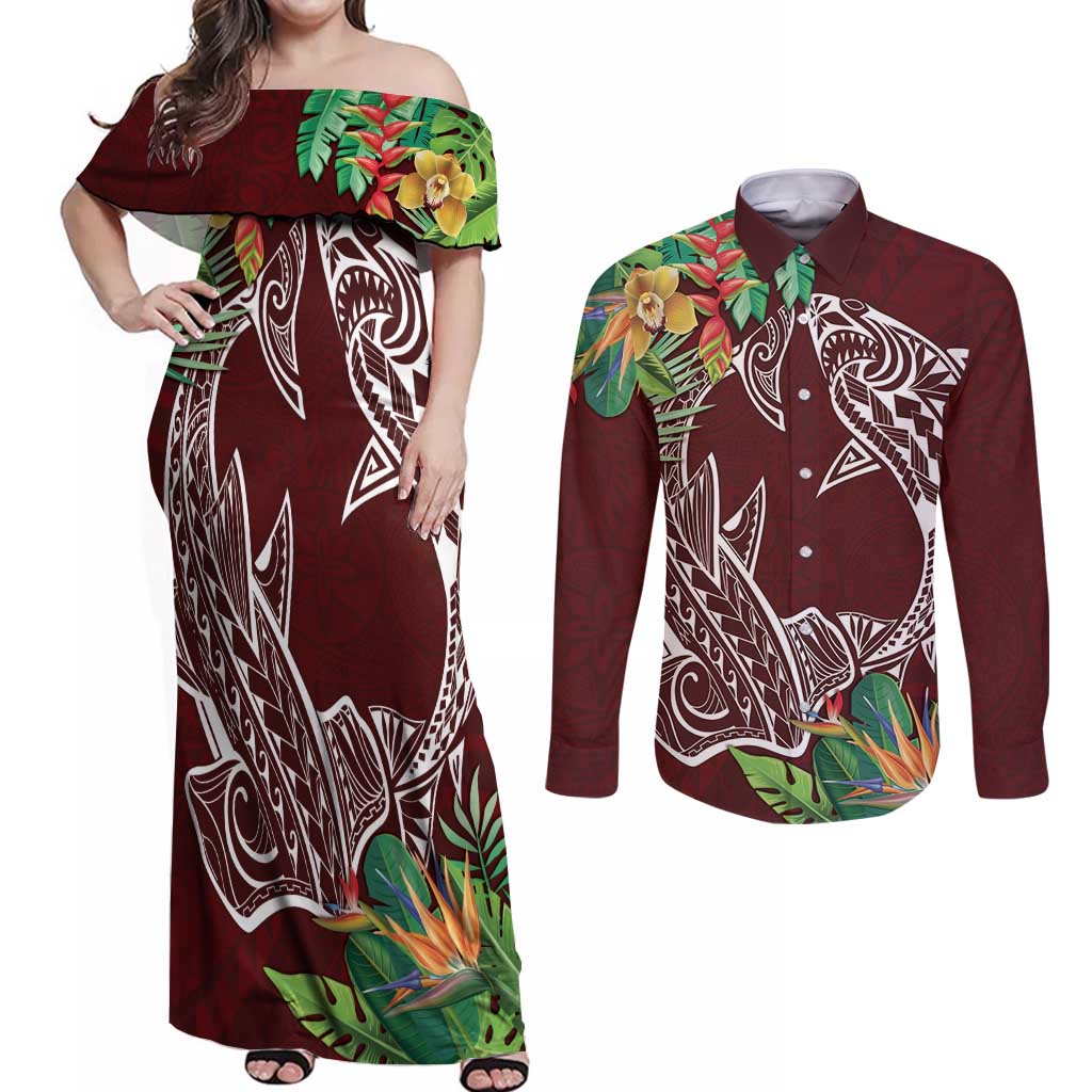 Polynesia Couples Matching Off Shoulder Maxi Dress and Long Sleeve Button Shirt Sharks Duo Tropical Oxblood LT7 Oxblood - Polynesian Pride