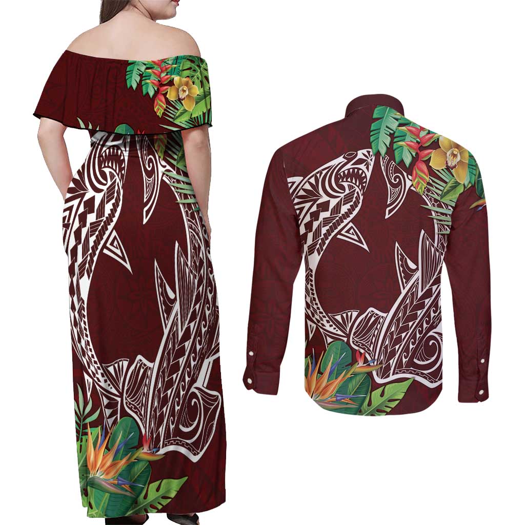 Polynesia Couples Matching Off Shoulder Maxi Dress and Long Sleeve Button Shirt Sharks Duo Tropical Oxblood LT7 - Polynesian Pride