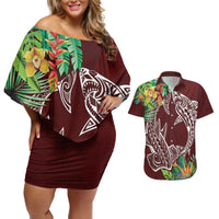 Polynesia Couples Matching Off Shoulder Short Dress and Hawaiian Shirt Sharks Duo Tropical Oxblood LT7 Oxblood - Polynesian Pride