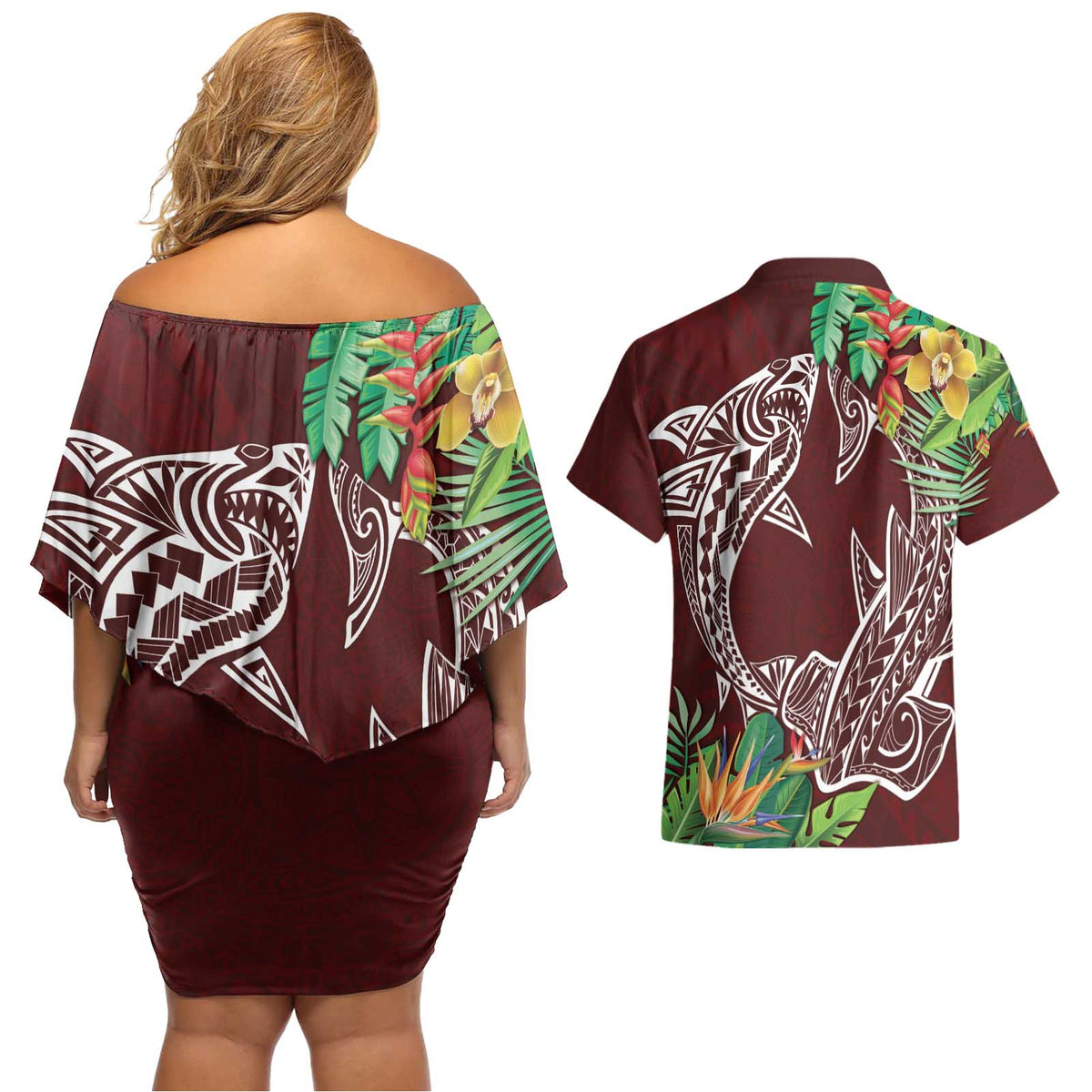 Polynesia Couples Matching Off Shoulder Short Dress and Hawaiian Shirt Sharks Duo Tropical Oxblood LT7 - Polynesian Pride