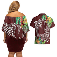 Polynesia Couples Matching Off Shoulder Short Dress and Hawaiian Shirt Sharks Duo Tropical Oxblood LT7 - Polynesian Pride