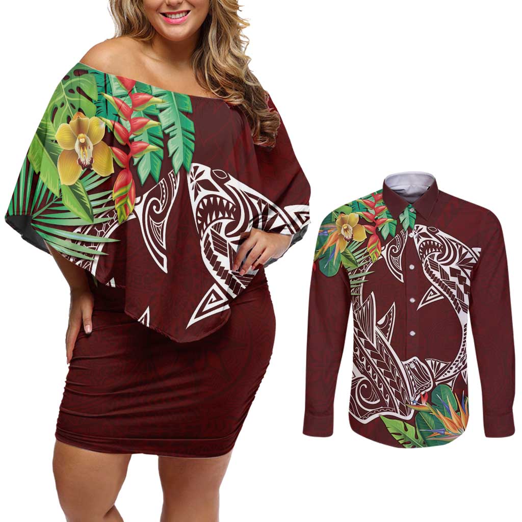 Polynesia Couples Matching Off Shoulder Short Dress and Long Sleeve Button Shirt Sharks Duo Tropical Oxblood LT7 Oxblood - Polynesian Pride