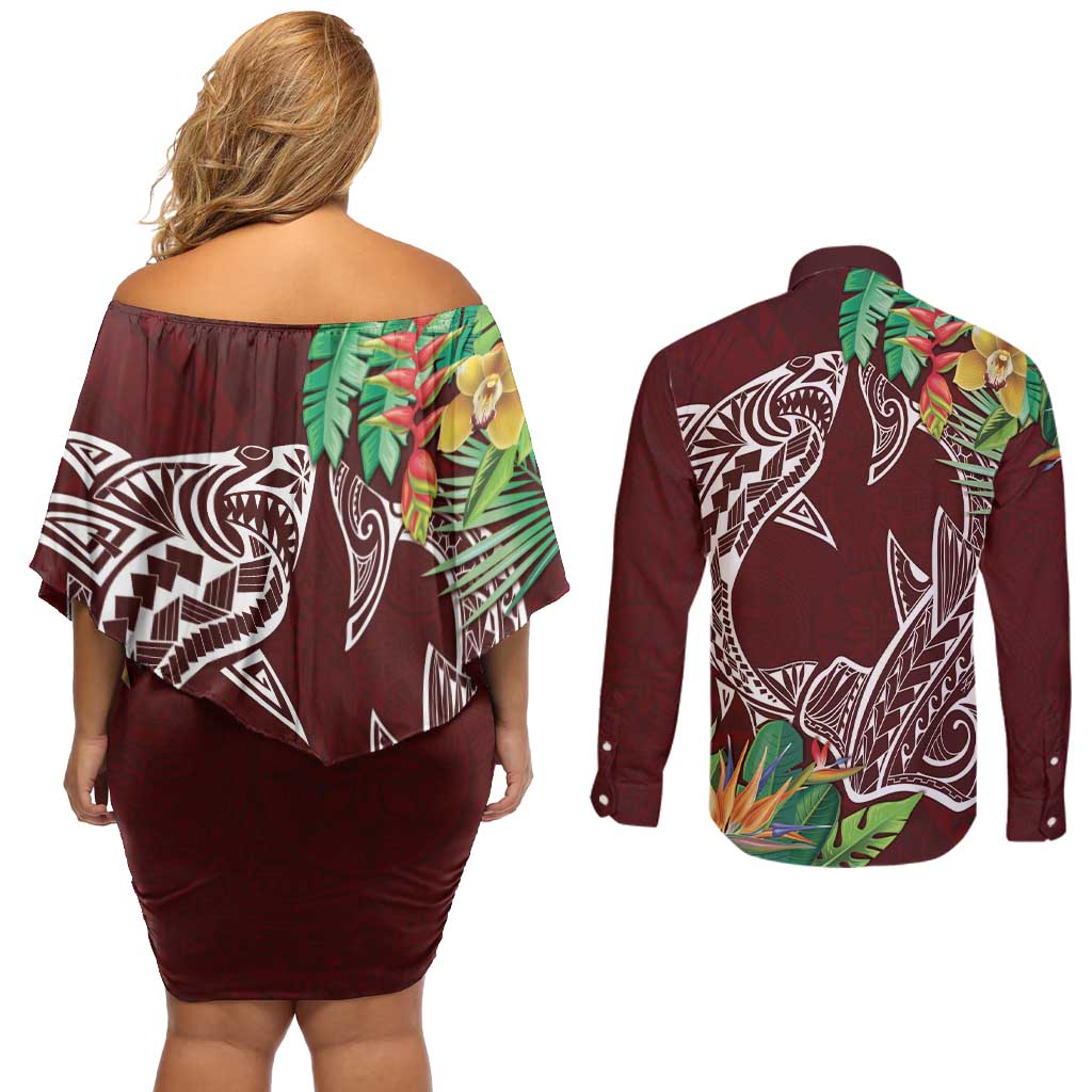 Polynesia Couples Matching Off Shoulder Short Dress and Long Sleeve Button Shirt Sharks Duo Tropical Oxblood LT7 - Polynesian Pride