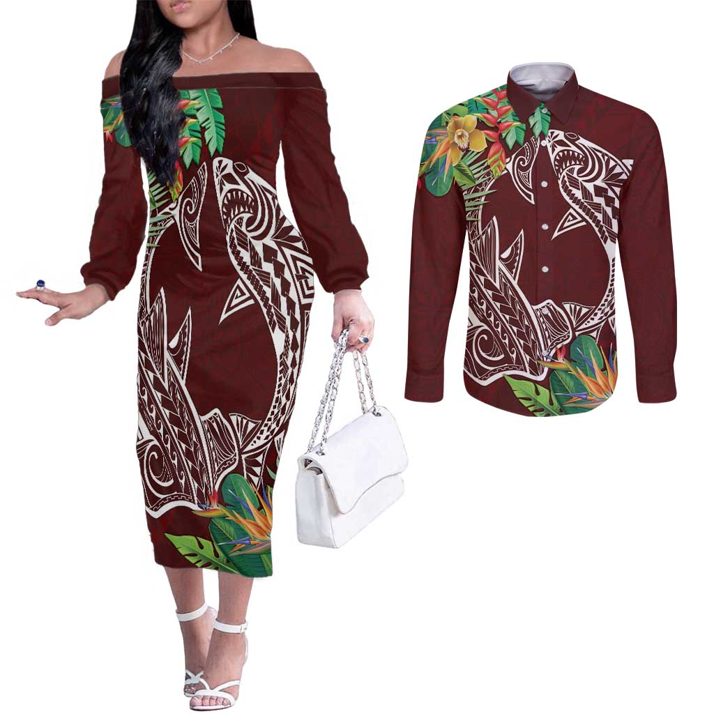 Polynesia Couples Matching Off The Shoulder Long Sleeve Dress and Long Sleeve Button Shirt Sharks Duo Tropical Oxblood LT7 Oxblood - Polynesian Pride