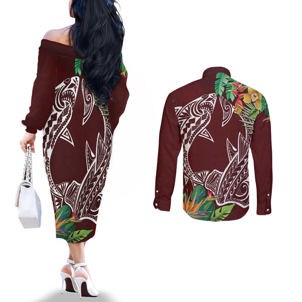 Polynesia Couples Matching Off The Shoulder Long Sleeve Dress and Long Sleeve Button Shirt Sharks Duo Tropical Oxblood