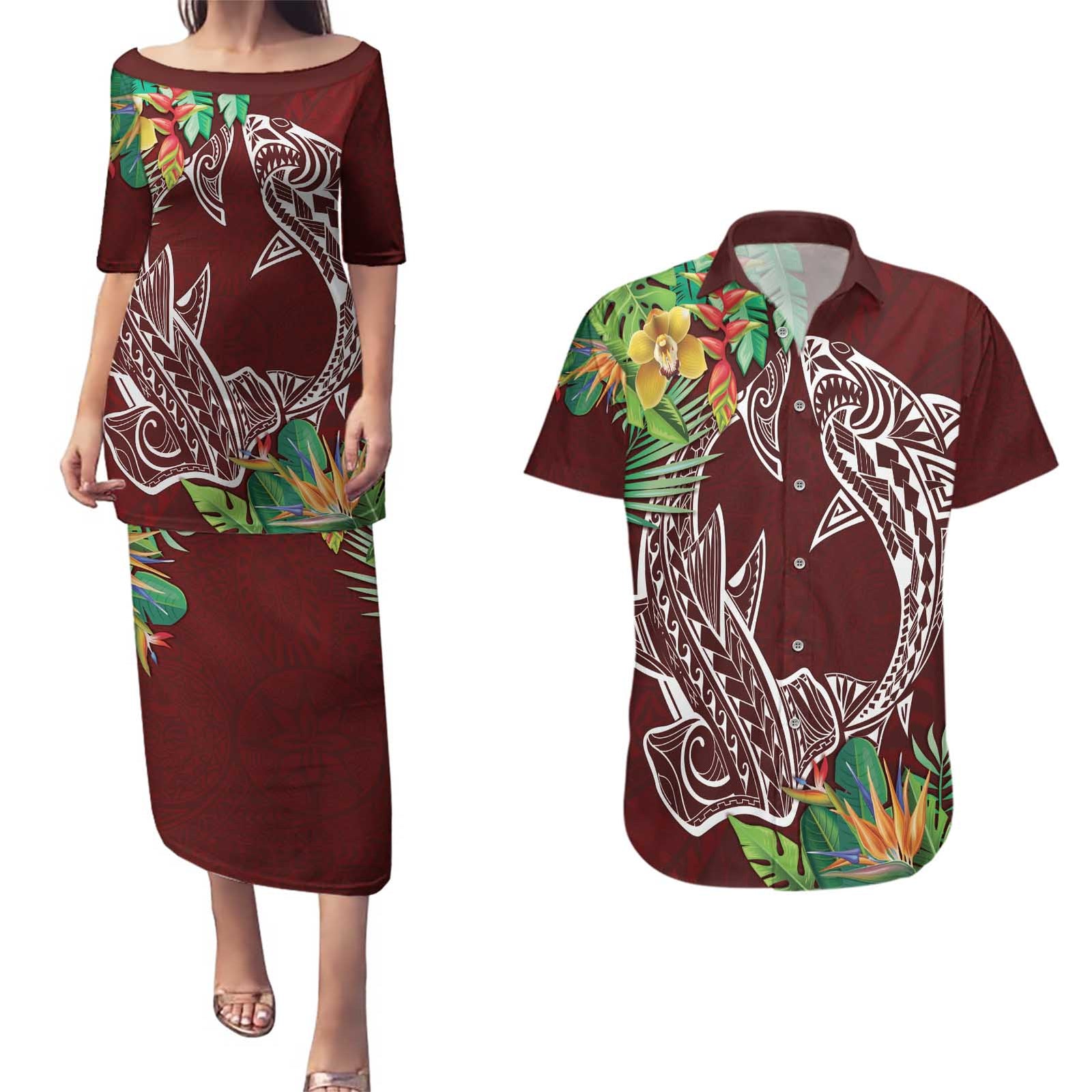 Polynesia Couples Matching Puletasi and Hawaiian Shirt Sharks Duo Tropical Oxblood LT7 Oxblood - Polynesian Pride