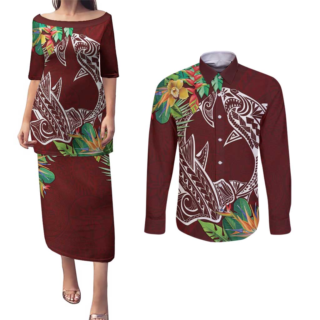 Polynesia Couples Matching Puletasi and Long Sleeve Button Shirt Sharks Duo Tropical Oxblood LT7 Oxblood - Polynesian Pride