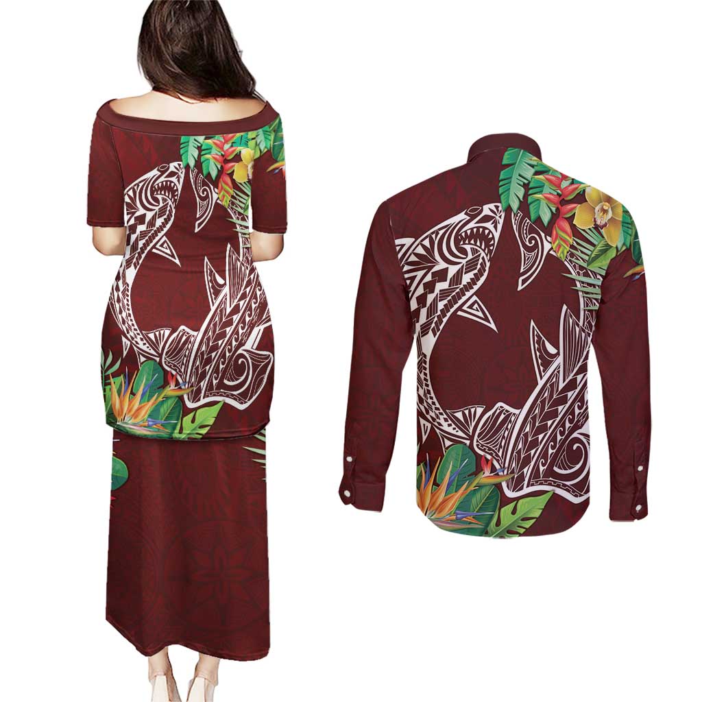Polynesia Couples Matching Puletasi and Long Sleeve Button Shirt Sharks Duo Tropical Oxblood LT7 - Polynesian Pride