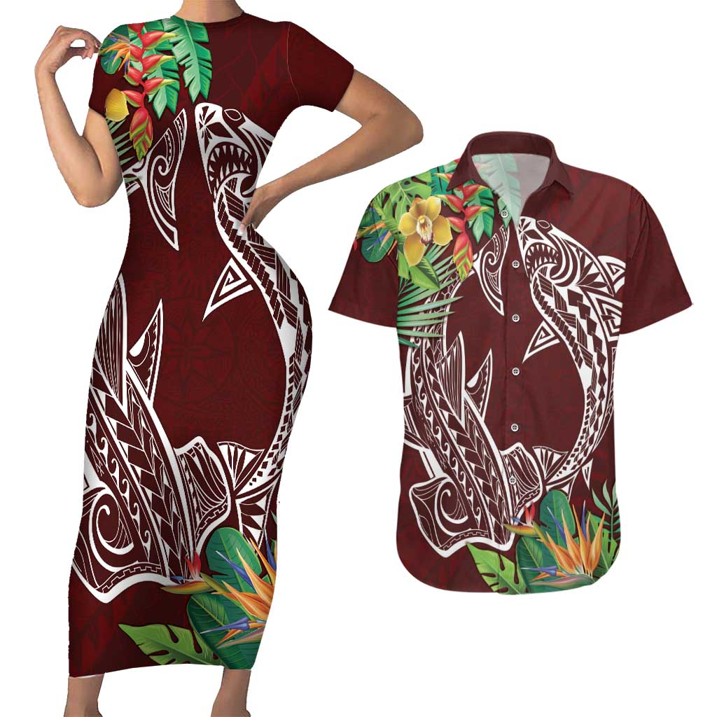 Polynesia Couples Matching Short Sleeve Bodycon Dress and Hawaiian Shirt Sharks Duo Tropical Oxblood