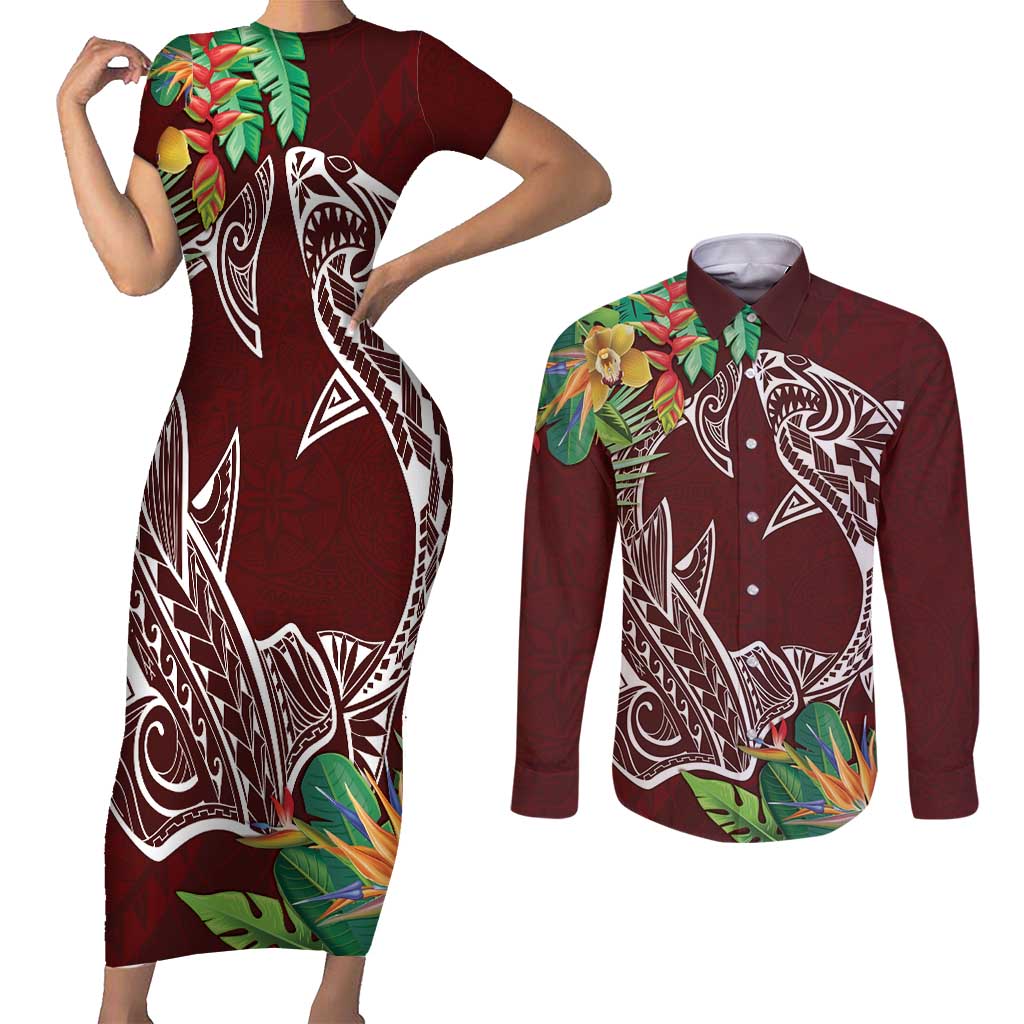 Polynesia Couples Matching Short Sleeve Bodycon Dress and Long Sleeve Button Shirt Sharks Duo Tropical Oxblood LT7 Oxblood - Polynesian Pride