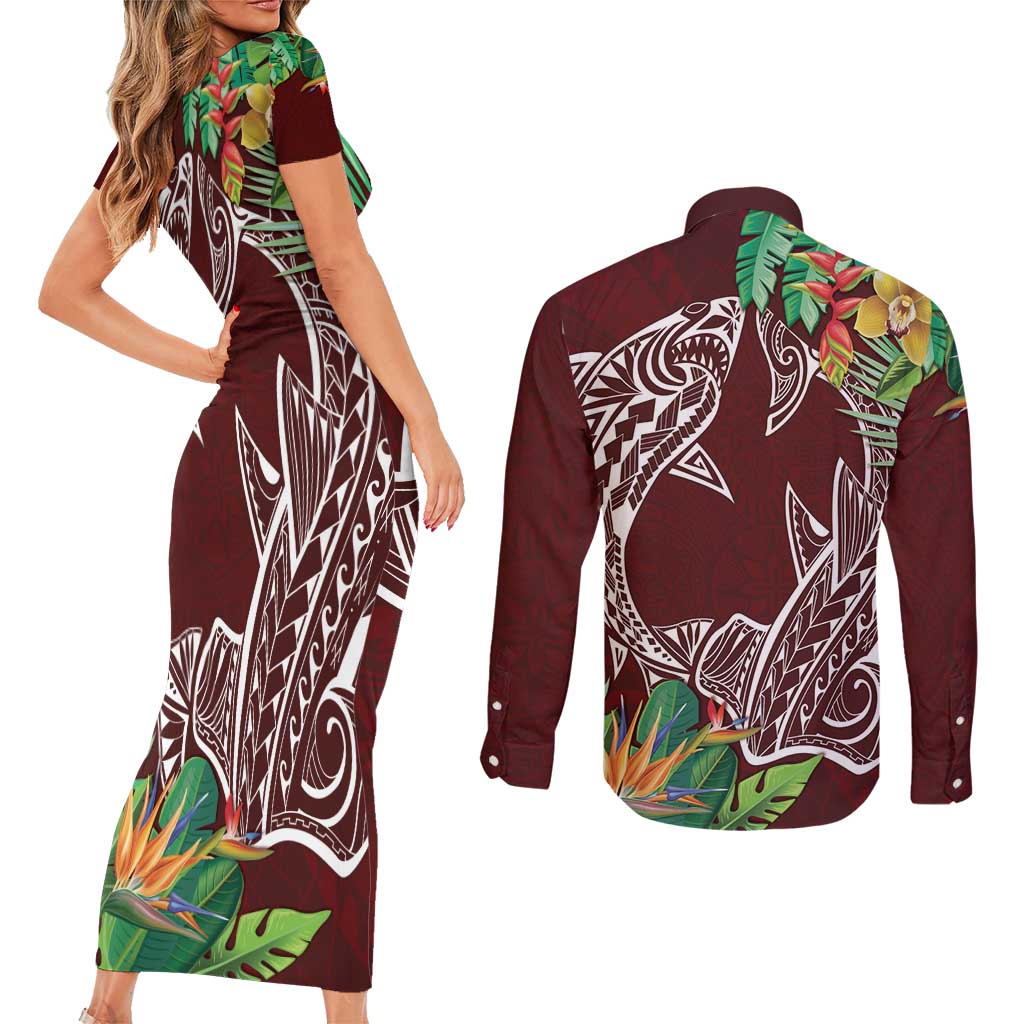 Polynesia Couples Matching Short Sleeve Bodycon Dress and Long Sleeve Button Shirt Sharks Duo Tropical Oxblood LT7 - Polynesian Pride