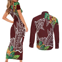 Polynesia Couples Matching Short Sleeve Bodycon Dress and Long Sleeve Button Shirt Sharks Duo Tropical Oxblood LT7 - Polynesian Pride