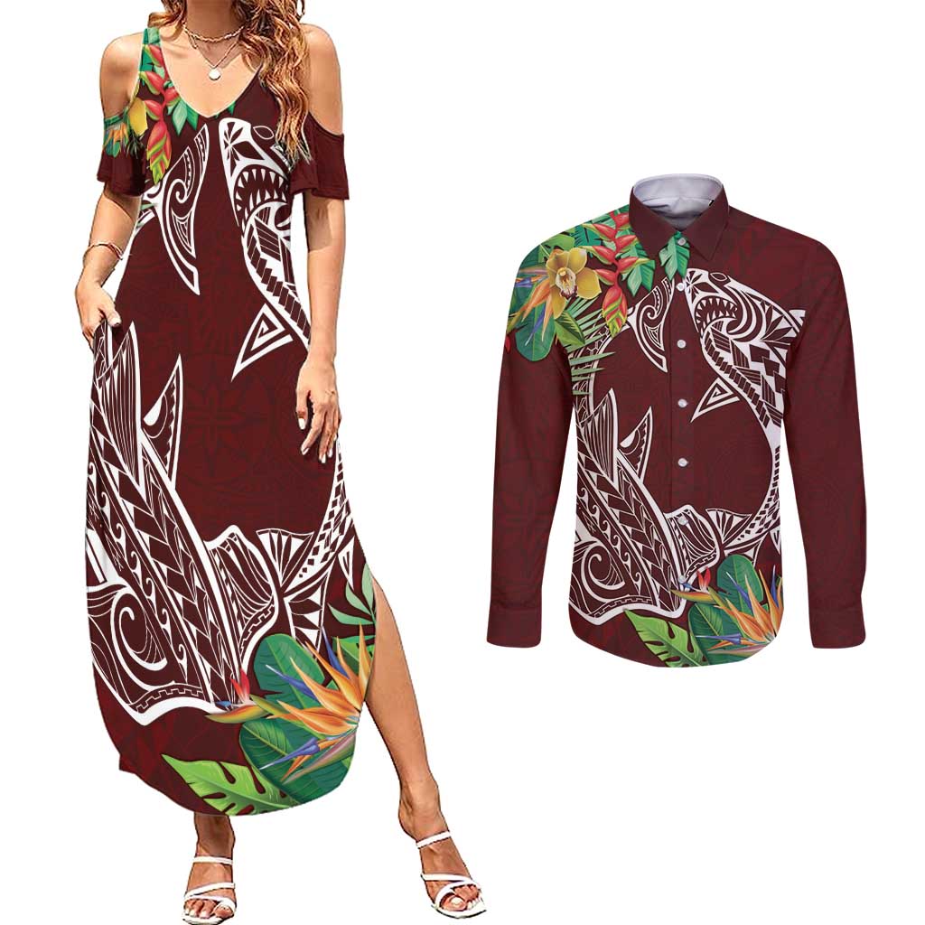 Polynesia Couples Matching Summer Maxi Dress and Long Sleeve Button Shirt Sharks Duo Tropical Oxblood LT7 Oxblood - Polynesian Pride