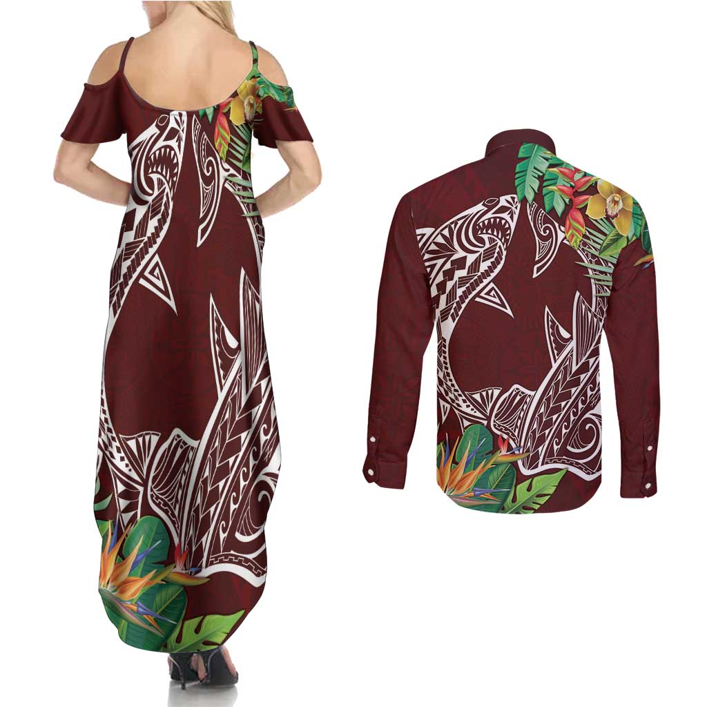 Polynesia Couples Matching Summer Maxi Dress and Long Sleeve Button Shirt Sharks Duo Tropical Oxblood LT7 - Polynesian Pride