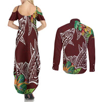 Polynesia Couples Matching Summer Maxi Dress and Long Sleeve Button Shirt Sharks Duo Tropical Oxblood LT7 - Polynesian Pride