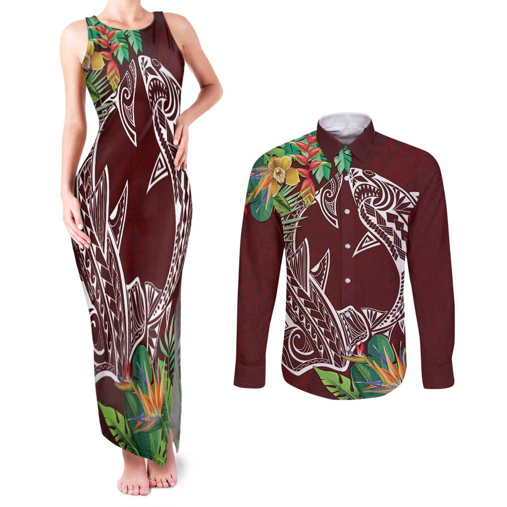 Polynesia Couples Matching Tank Maxi Dress and Long Sleeve Button Shirt Sharks Duo Tropical Oxblood LT7 Oxblood - Polynesian Pride