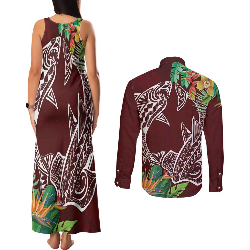 Polynesia Couples Matching Tank Maxi Dress and Long Sleeve Button Shirt Sharks Duo Tropical Oxblood LT7 - Polynesian Pride